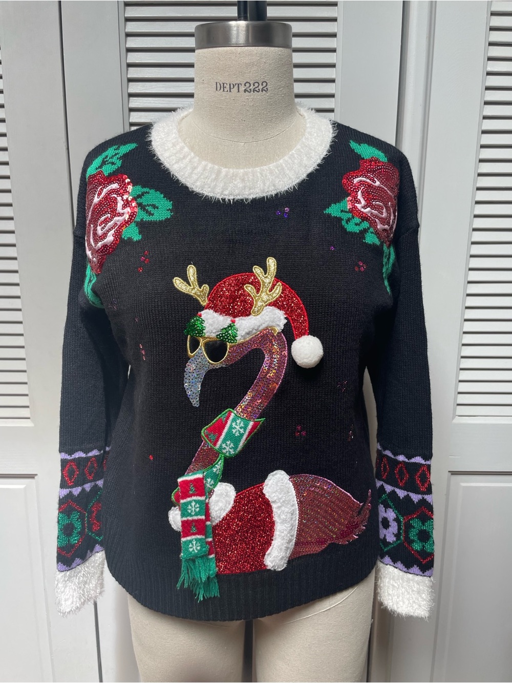 Ladies Ugly Christmas Pink Flamingo Sweater with Sequin Medium